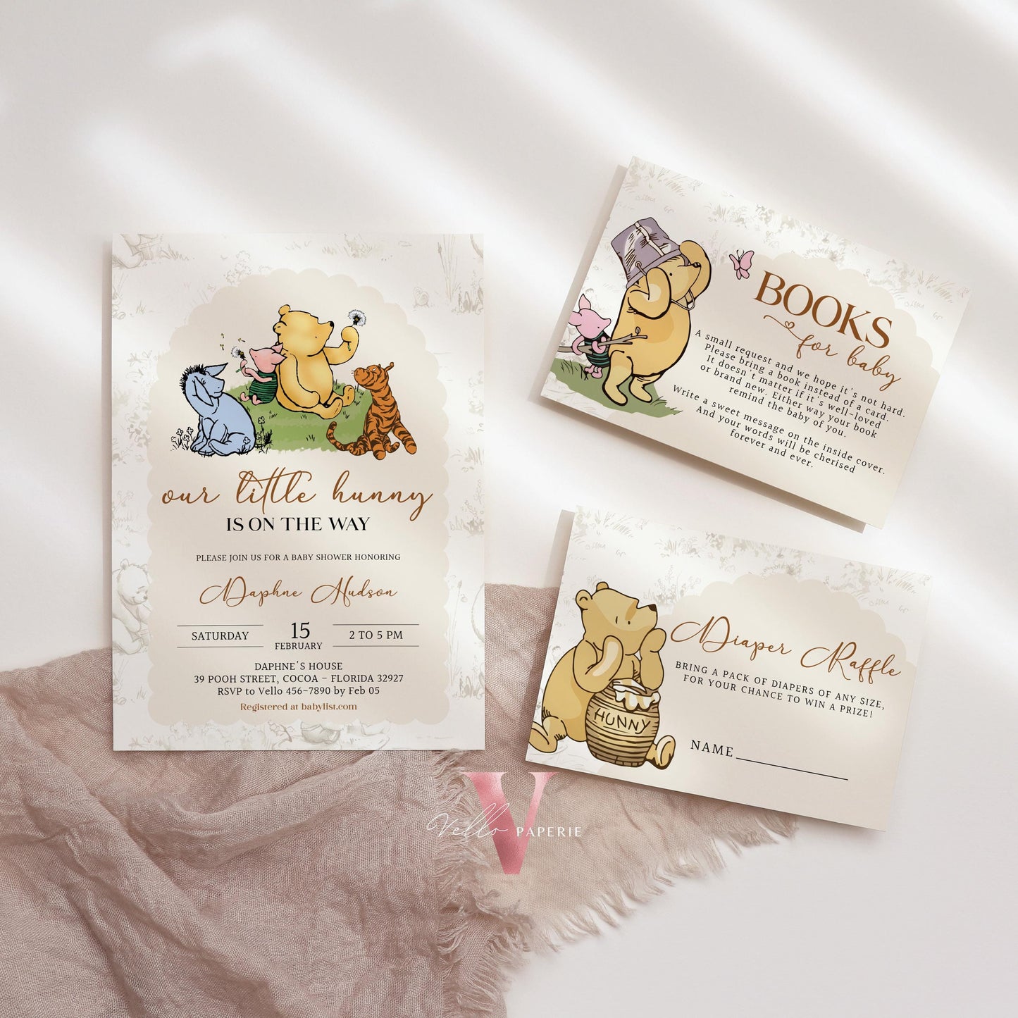 Winnie the Pooh Baby Shower Invitation Bundle | Editable Printable Beige Toile de Juoy, Little Hunny Pooh Baby Shower Party Invite WTP01