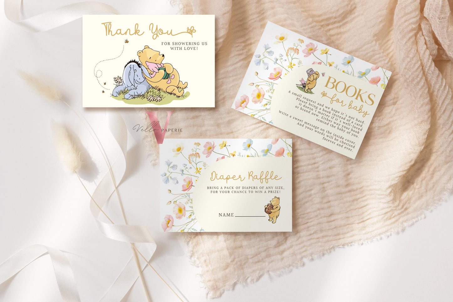 Floral Winnie the Pooh Baby Shower Invitation Bundle | Editable Printable Beige Wildflower, Little Hunny Pooh Baby Shower Party Invite