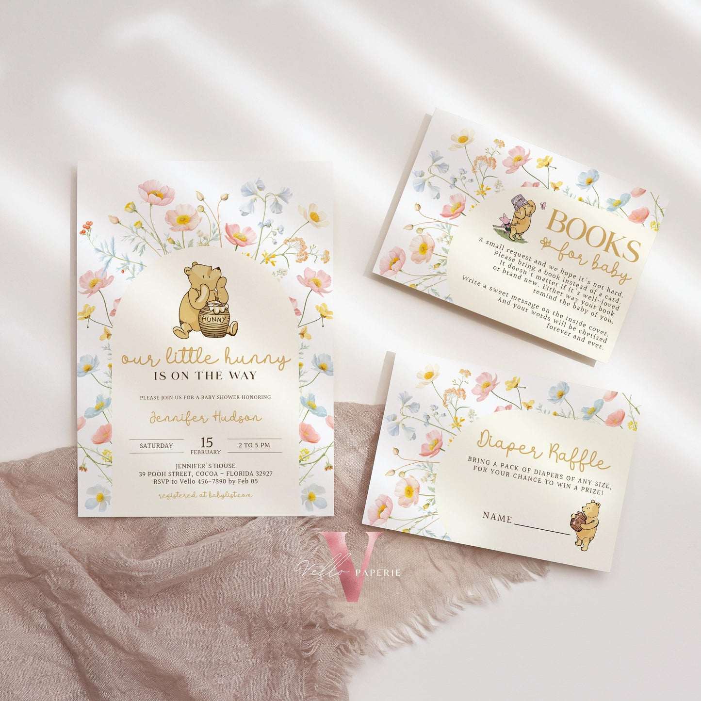 Floral Winnie the Pooh Baby Shower Invitation Bundle | Editable Printable Beige Wildflower, Little Hunny Pooh Baby Shower Party Invite