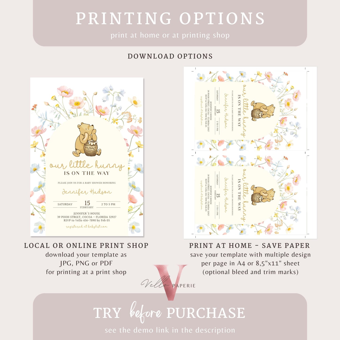 Floral Winnie the Pooh Baby Shower Invitation Bundle | Editable Printable Beige Wildflower, Little Hunny Pooh Baby Shower Party Invite