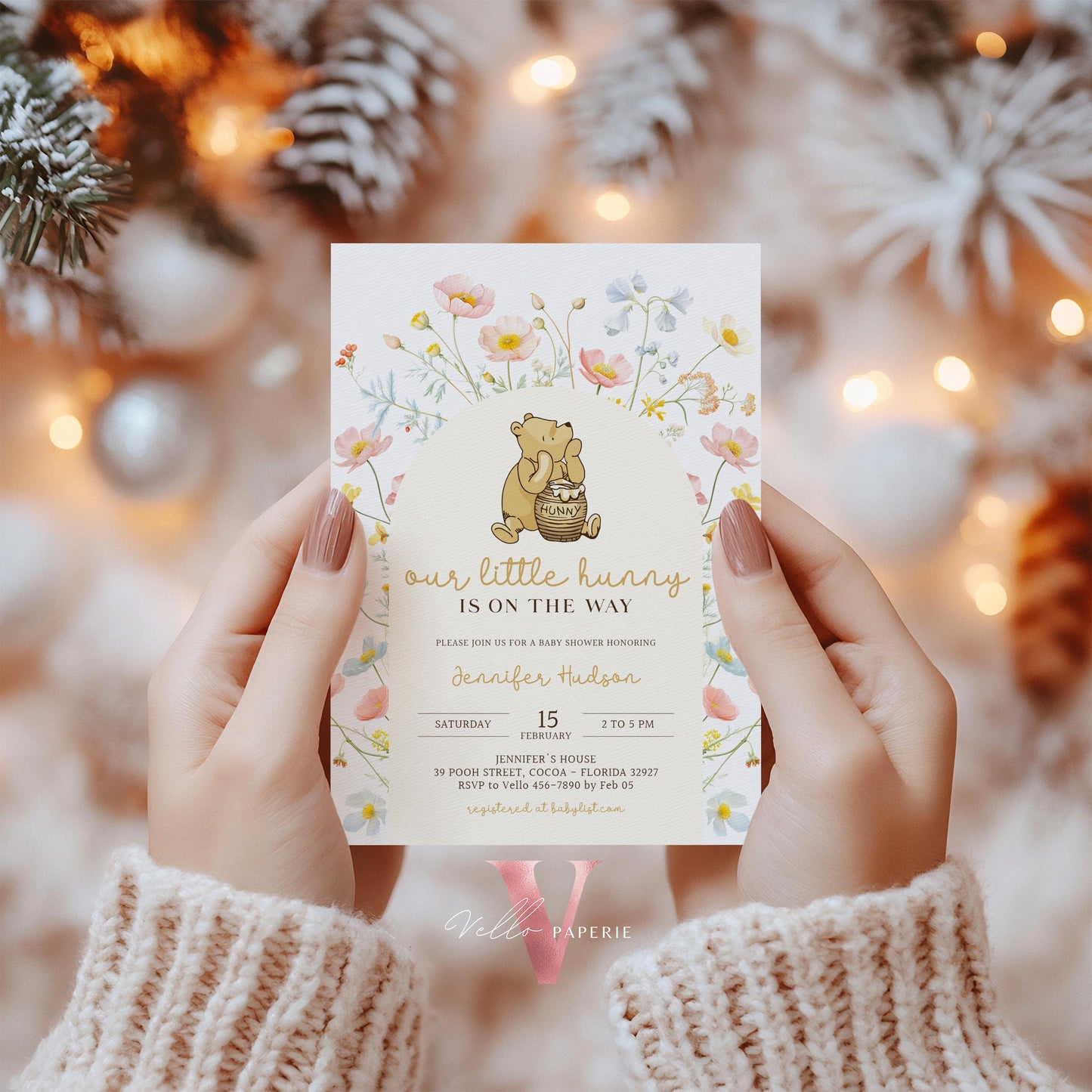 Floral Winnie the Pooh Baby Shower Invitation Bundle | Editable Printable Beige Wildflower, Little Hunny Pooh Baby Shower Party Invite