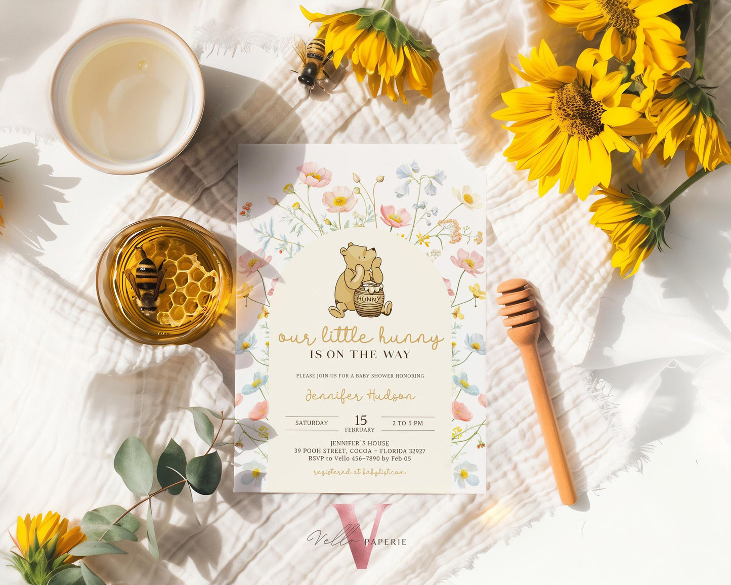 Floral Winnie the Pooh Baby Shower Invitation Bundle | Editable Printable Beige Wildflower, Little Hunny Pooh Baby Shower Party Invite