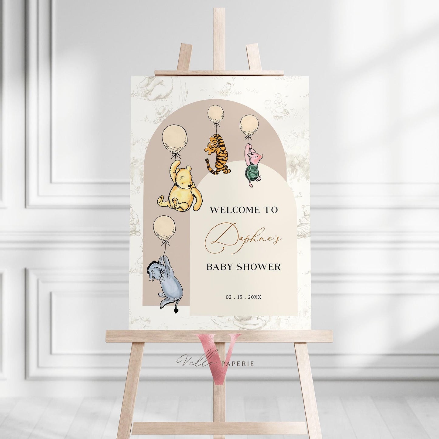 Editable Classic Winnie the Pooh Baby Shower or Birthday Welcome Sign | Printable Beige Toile de Juoy, Bearly Wait Party Decor Sign WTP03