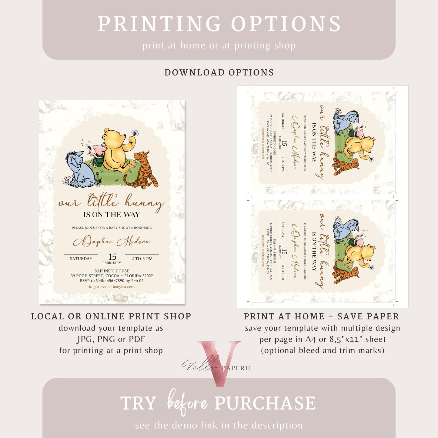 Winnie the Pooh Baby Shower Invitation Bundle | Editable Printable Beige Toile de Juoy, Little Hunny Pooh Baby Shower Party Invite WTP01