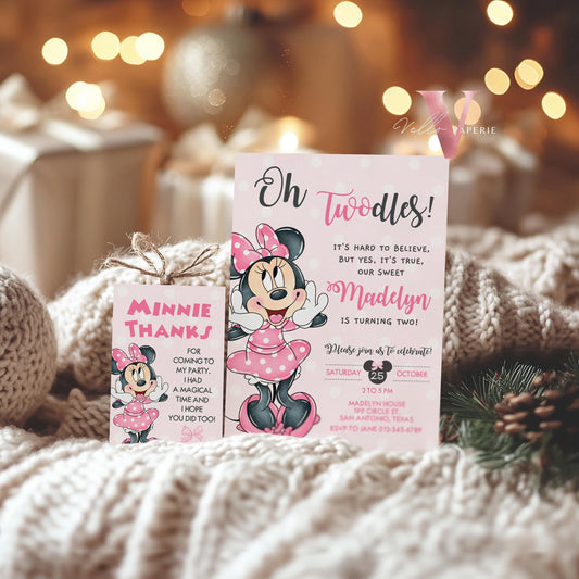 Self Editable Oh TWOdles Minnie Mouse Birthday Invitation, Light Pink Polka Dot Invite, 2 year old Girl Second Birthday Instant Download MMB01