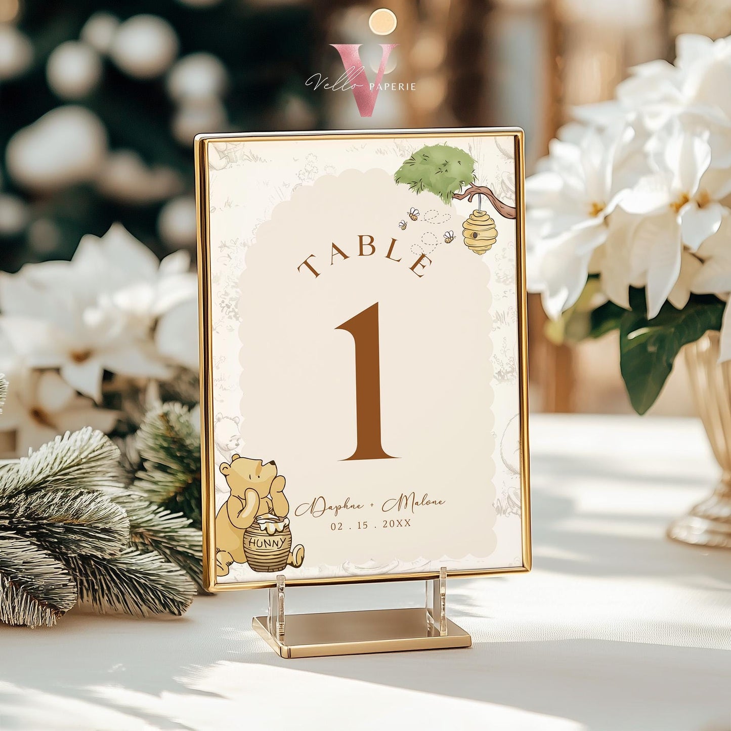 Editable Classic Winnie the Pooh Baby Shower or Birthday Table Number | Printable Beige Toile de Juoy, Little Hunny Decor Table Sign WTP01