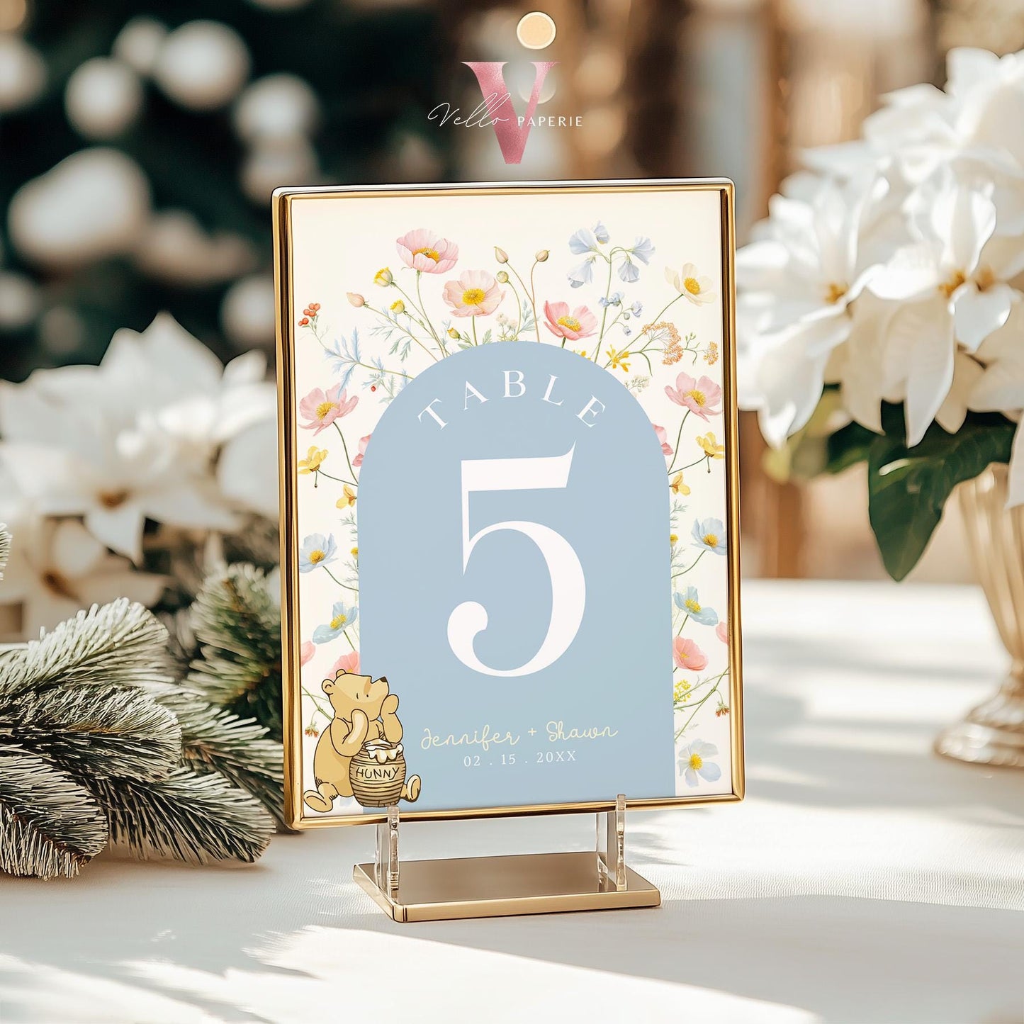 Editable Blue Winnie the Pooh Baby Shower or Birthday Table Number | Printable Beige Wildflower, Little Hunny Decor Table Sign WTP02