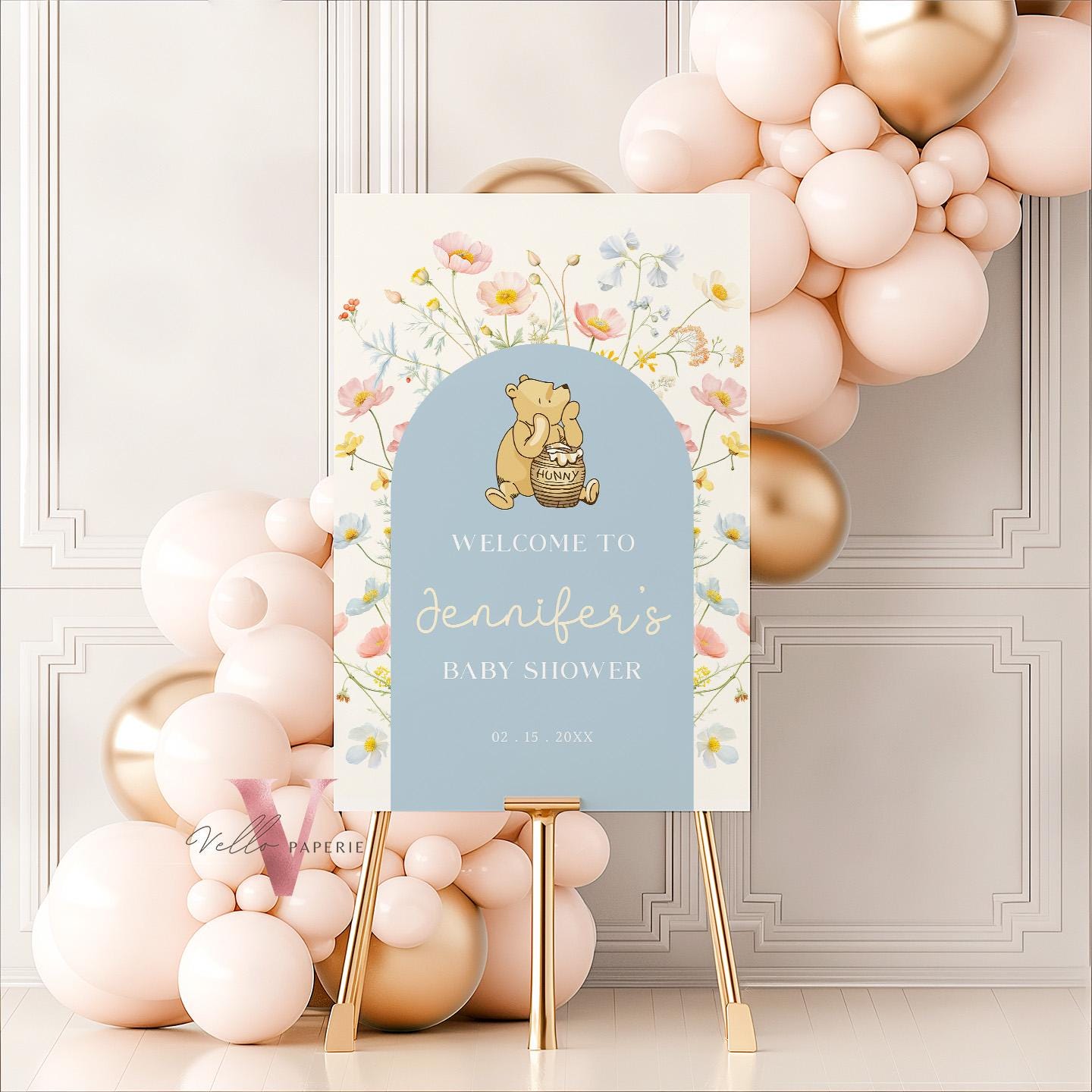 Editable Blue Winnie the Pooh Baby Shower or Birthday Welcome Sign | Printable Beige Blue Wildflower, Little Hunny Party Decor Sign WTP02