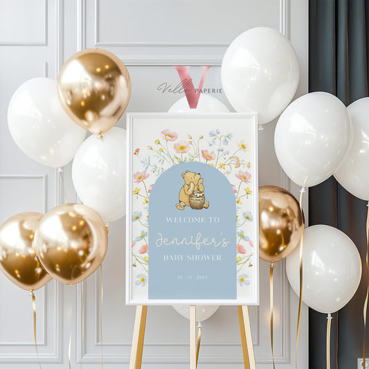 Editable Blue Winnie the Pooh Baby Shower or Birthday Welcome Sign | Printable Beige Blue Wildflower, Little Hunny Party Decor Sign WTP02