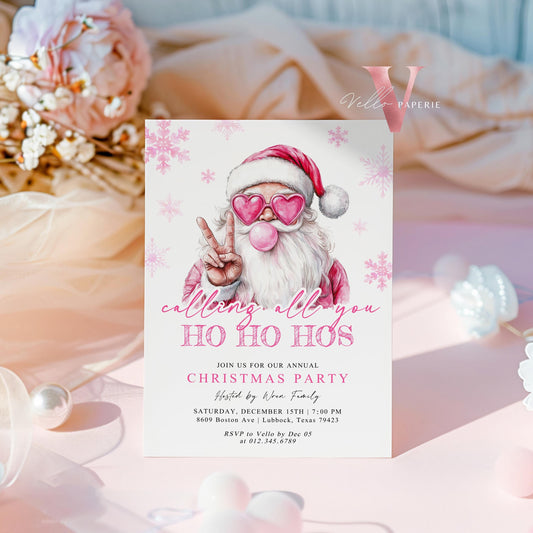 Funny Santa Christmas Party Invitation | Calling AllYou Ho Ho Ho Pink Santa Invite | Modern Fun Winter Holiday Friendsmas Party Invite CHP01