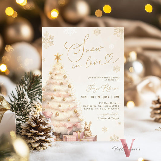 Coquette Blush Pink SNOW in LOVE Bridal Shower Invitation | Winter Snowflakes Gold Christmas Tree Bride to Be, Couple Wedding Shower WBD01