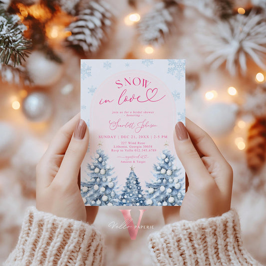 Coquette Blue Pink SNOW in LOVE Bridal Shower Invitation | Winter Snowflakes Christmas Tree Bride to Be, Couple Shower, Wedding Shower WBD01