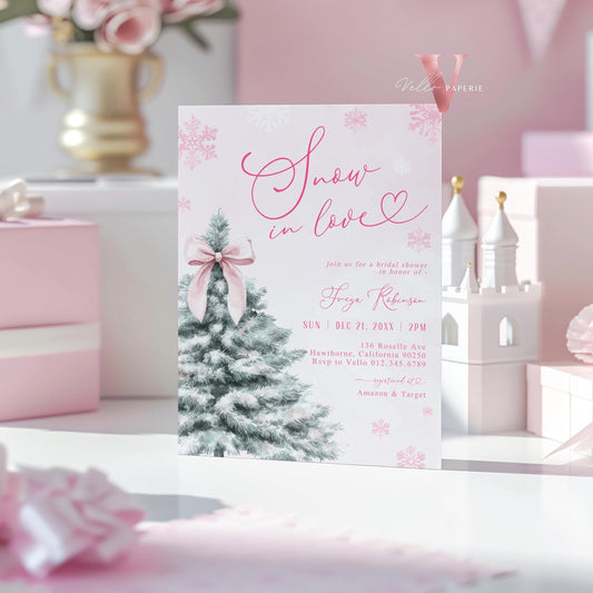 Coquette Pink SNOW in LOVE Bridal Shower Invitation | Winter Snowflakes Pink Christmas Tree Bride to Be, Couple Shower, Wedding Shower WBD01