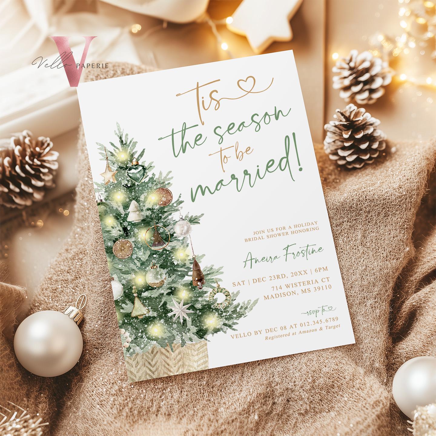 Tis the season to be married Bridal Shower Invitation | Winter Neutral Christmas Tree Bride to Be Invite, Couple Shower Wedding Shower WBD01