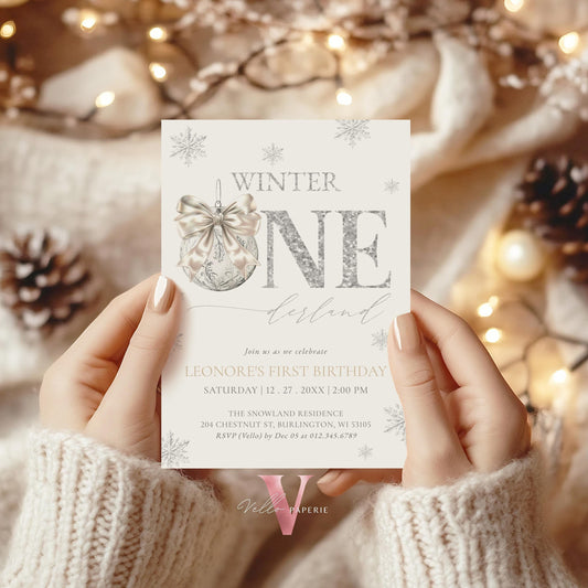 Editable Coquette WINTER ONEderland Invitation | Neutral Silver Winter Wonderland Invite | Snowflake First Birthday Party Bow Christmas Ball