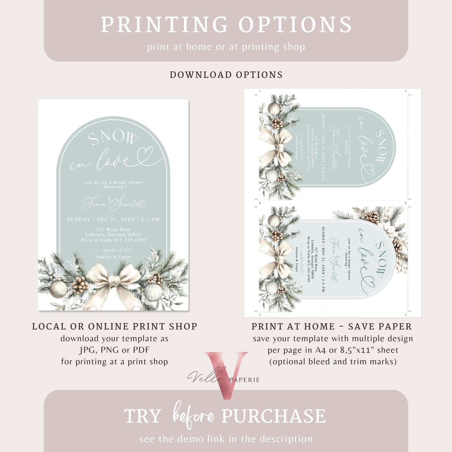 2 DESIGNS Neutral SNOW in LOVE Bridal Shower Invitation | Winter Snowflakes Christmas Floral Bride to Be, Couple Shower Wedding Shower WBD01