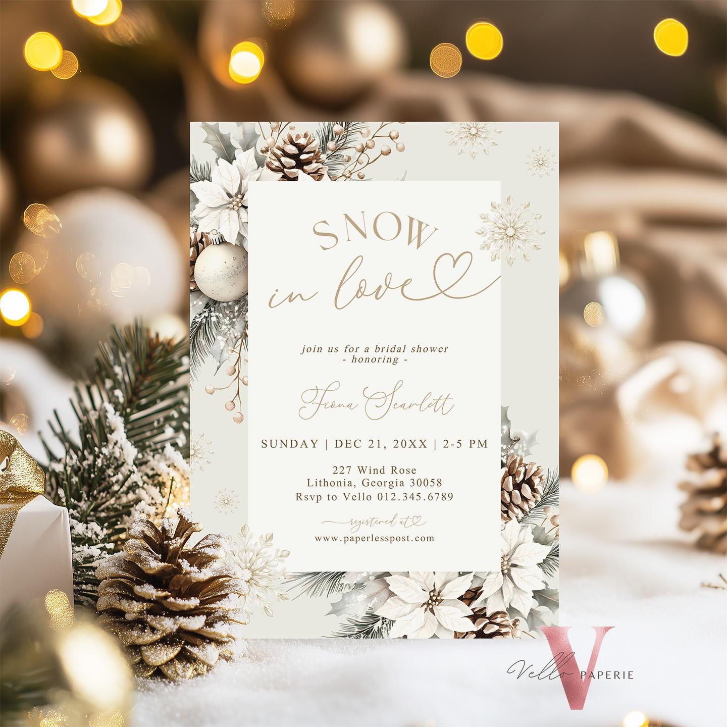 2 DESIGNS Neutral SNOW in LOVE Bridal Shower Invitation | Winter Snowflakes Christmas Floral Bride to Be, Couple Shower Wedding Shower WBD01