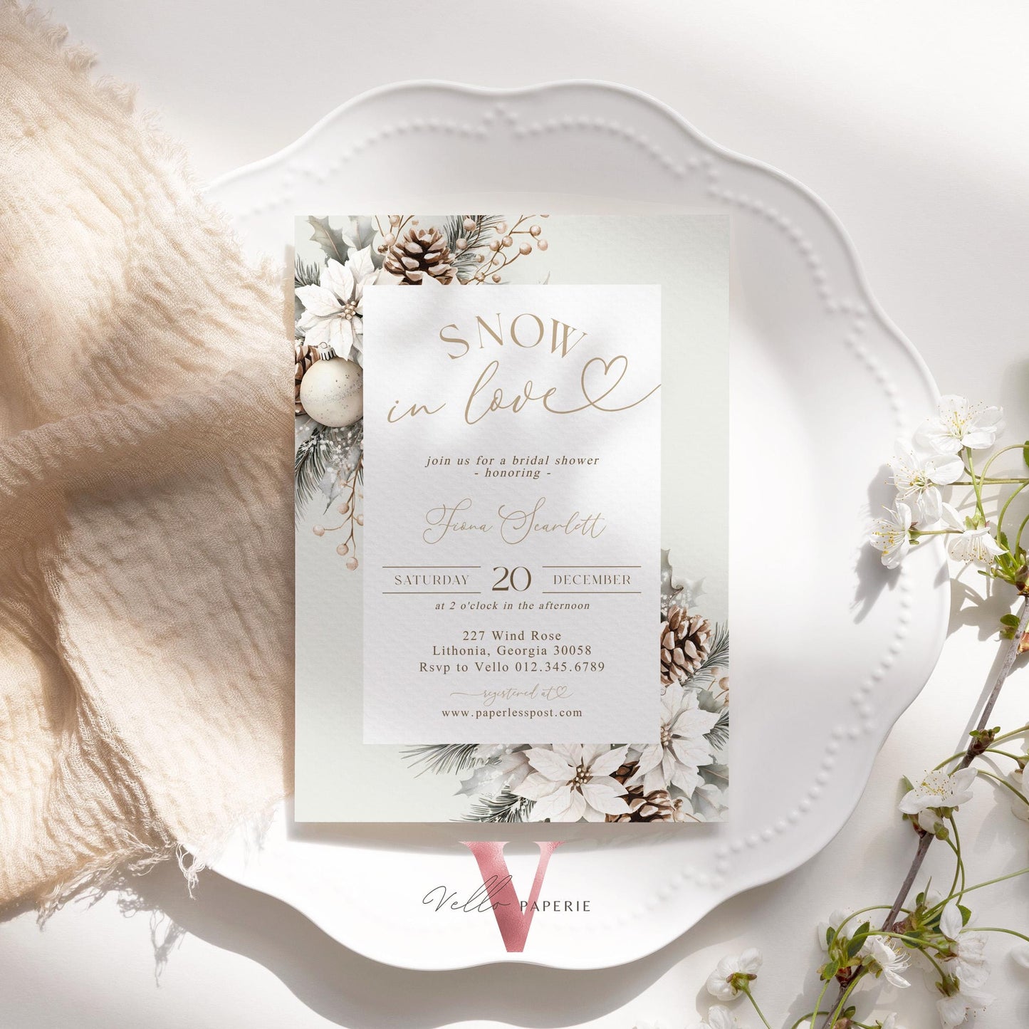 2 DESIGNS Neutral SNOW in LOVE Bridal Shower Invitation | Winter Snowflakes Christmas Floral Bride to Be, Couple Shower Wedding Shower WBD01