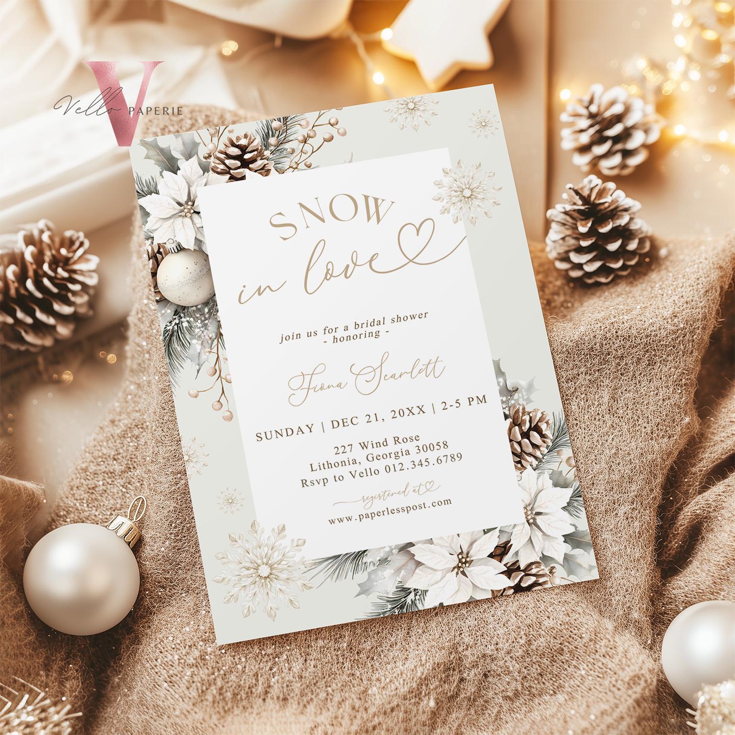 2 DESIGNS Neutral SNOW in LOVE Bridal Shower Invitation | Winter Snowflakes Christmas Floral Bride to Be, Couple Shower Wedding Shower WBD01