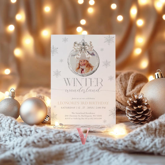 Editable Photo Coquette WINTER Wonderland Invitation | ANY AGE Silver Winter Wonderland Invite | Snowflake Birthday Party Bow Christmas Ball