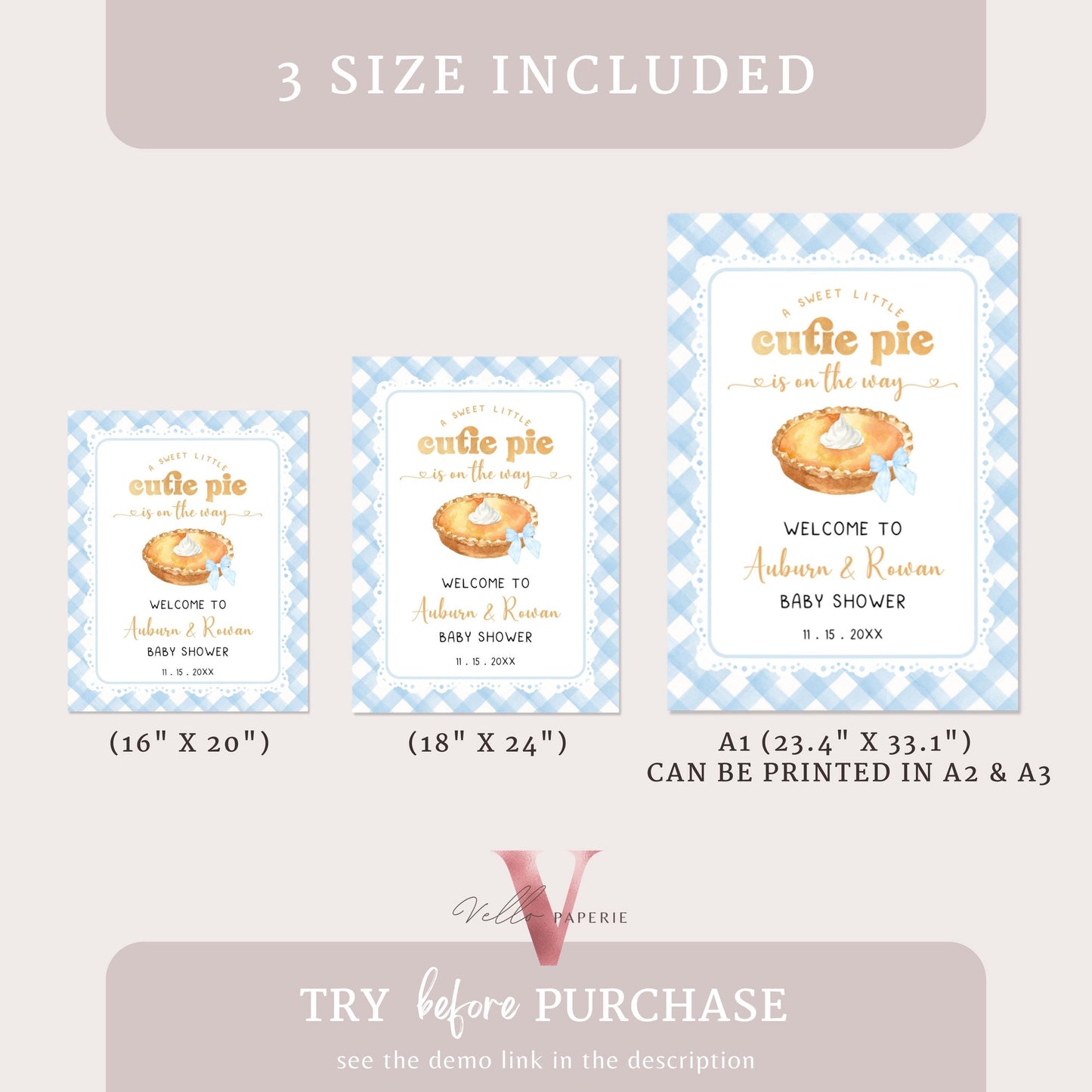 Sweet Cutie Pie Baby Shower Welcome Sign | FALL Autumn Cutie Pie Baby Shower Decor Sign | Blue Gingham Gender Neutral Pie Party Sign CPB02