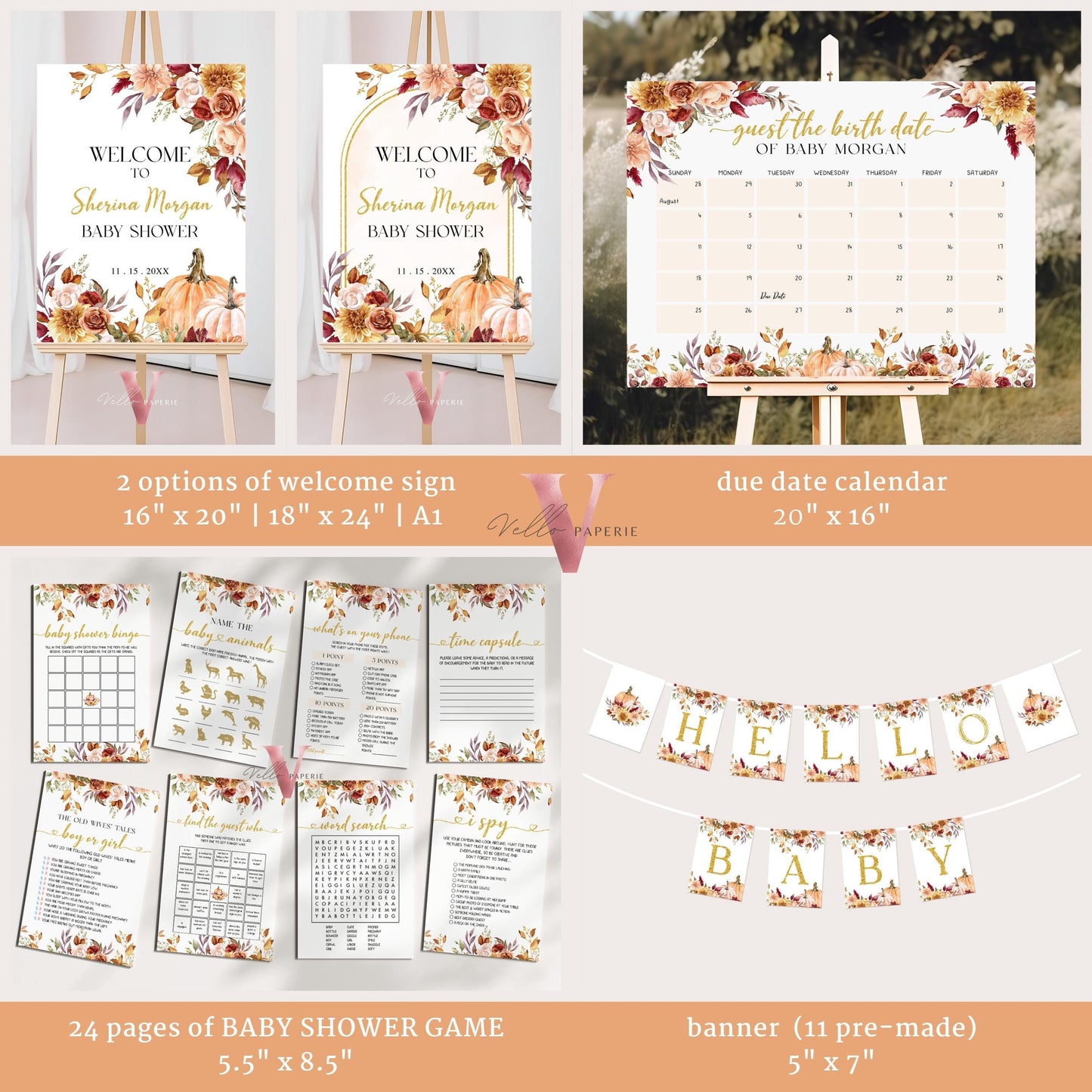 Little Pumpkin Fall Baby Shower Complete BUNDLE | Editable Autumn Floral Pumpkin Set | Gold Baby Shower Invitation PARTY FAVORS Decor FPB01