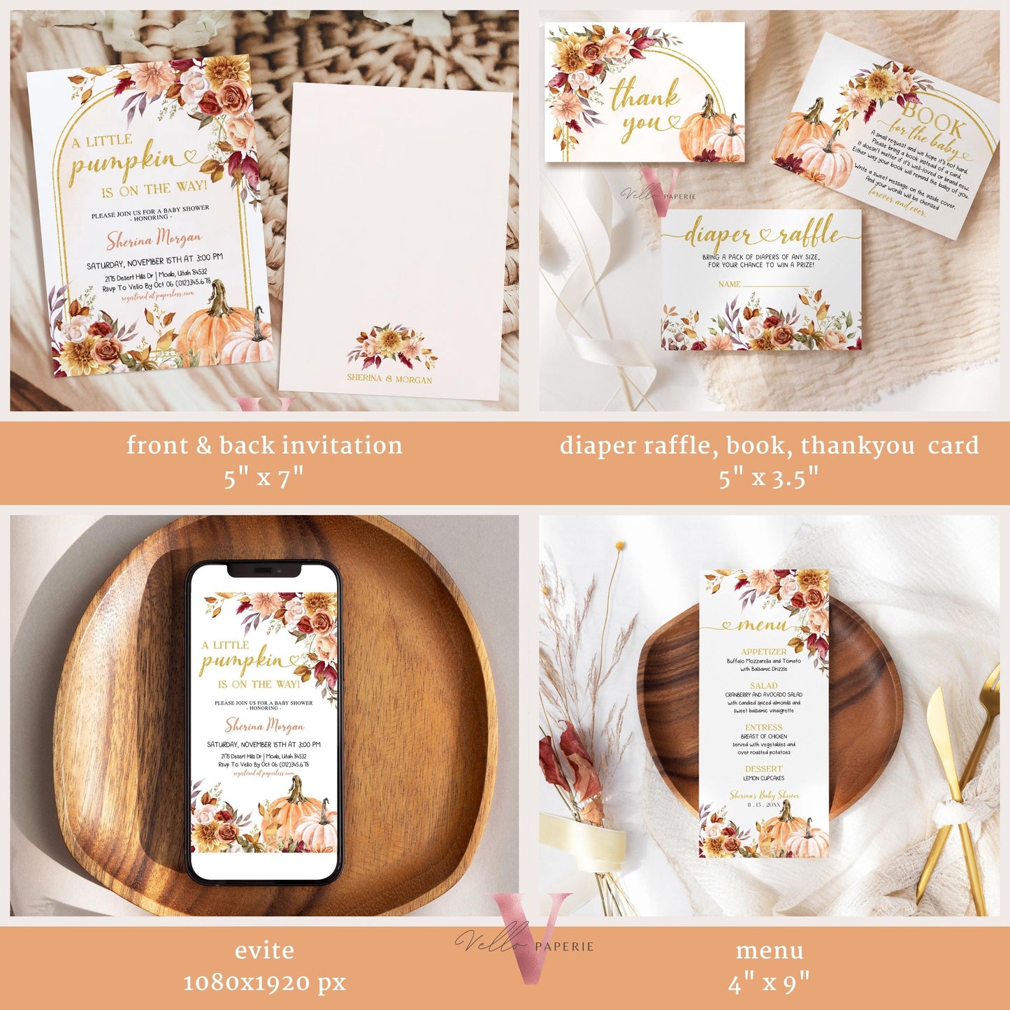 Little Pumpkin Fall Baby Shower Complete BUNDLE | Editable Autumn Floral Pumpkin Set | Gold Baby Shower Invitation PARTY FAVORS Decor FPB01