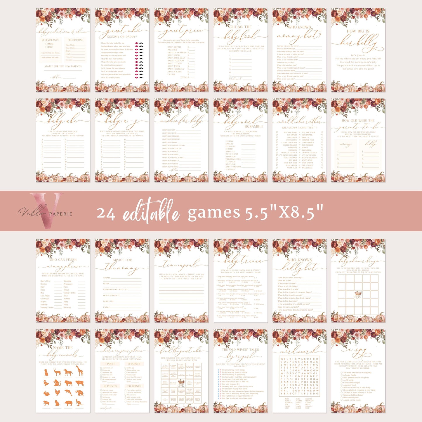 Pumpkin FALL in Love Baby Shower Complete BUNDLE | FullEditable Autumn Floral Pumpkin Set | Baby Shower Invitation Party Decor Favor, FPB02