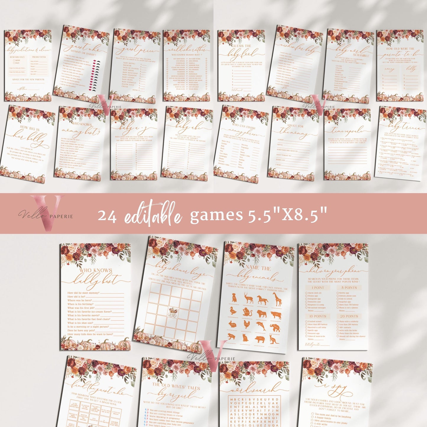 Pumpkin FALL in Love Baby Shower Complete BUNDLE | FullEditable Autumn Floral Pumpkin Set | Baby Shower Invitation Party Decor Favor, FPB02