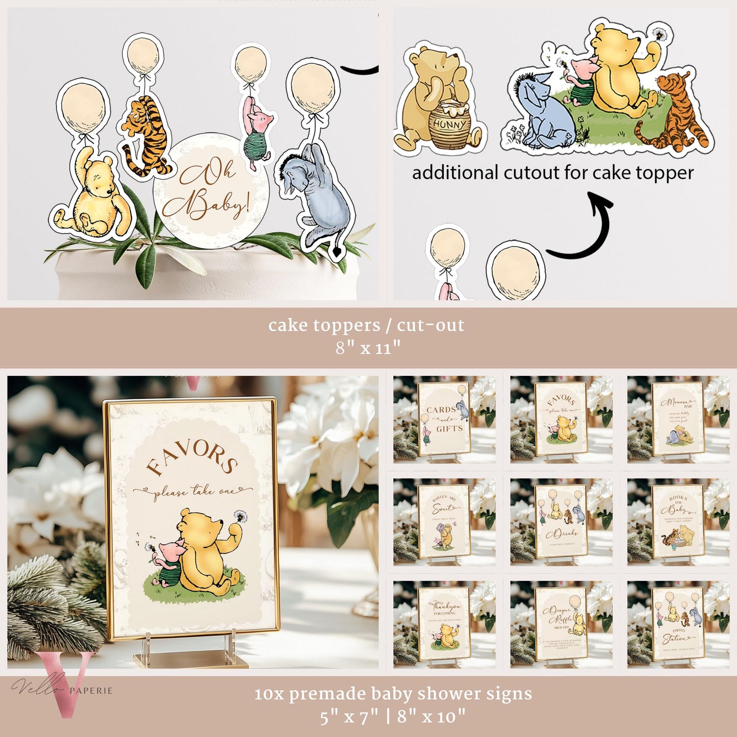 Winnie the Pooh Baby Shower COMPLETE BUNDLE | Full Editable Beige Toile de Juoy, Little Hunny Pooh Baby Shower Party SET, Favors Decor WTP01