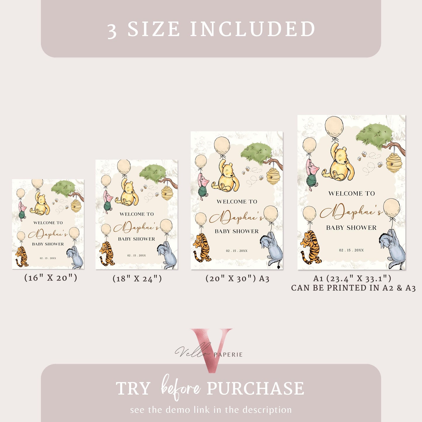 Editable Classic Winnie the Pooh Baby Shower or Birthday Welcome Sign | Printable Beige Toile de Juoy, Little Hunny Party Decor Sign WTP01