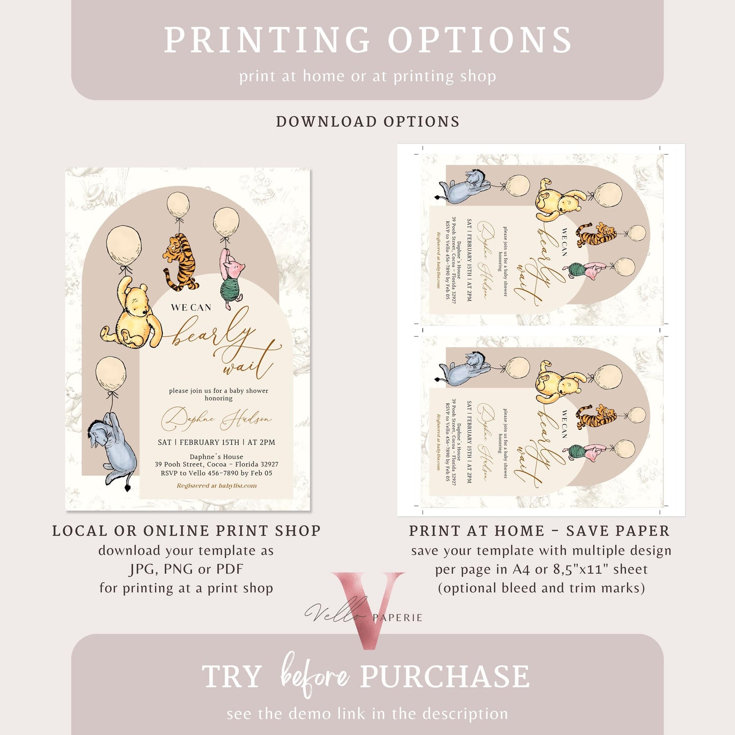 Winnie the Pooh Balloons Baby Shower Invitation Bundle | Editable Printable Beige Toile de Juoy, Bearly Wait Baby Shower Party Invite WTP03