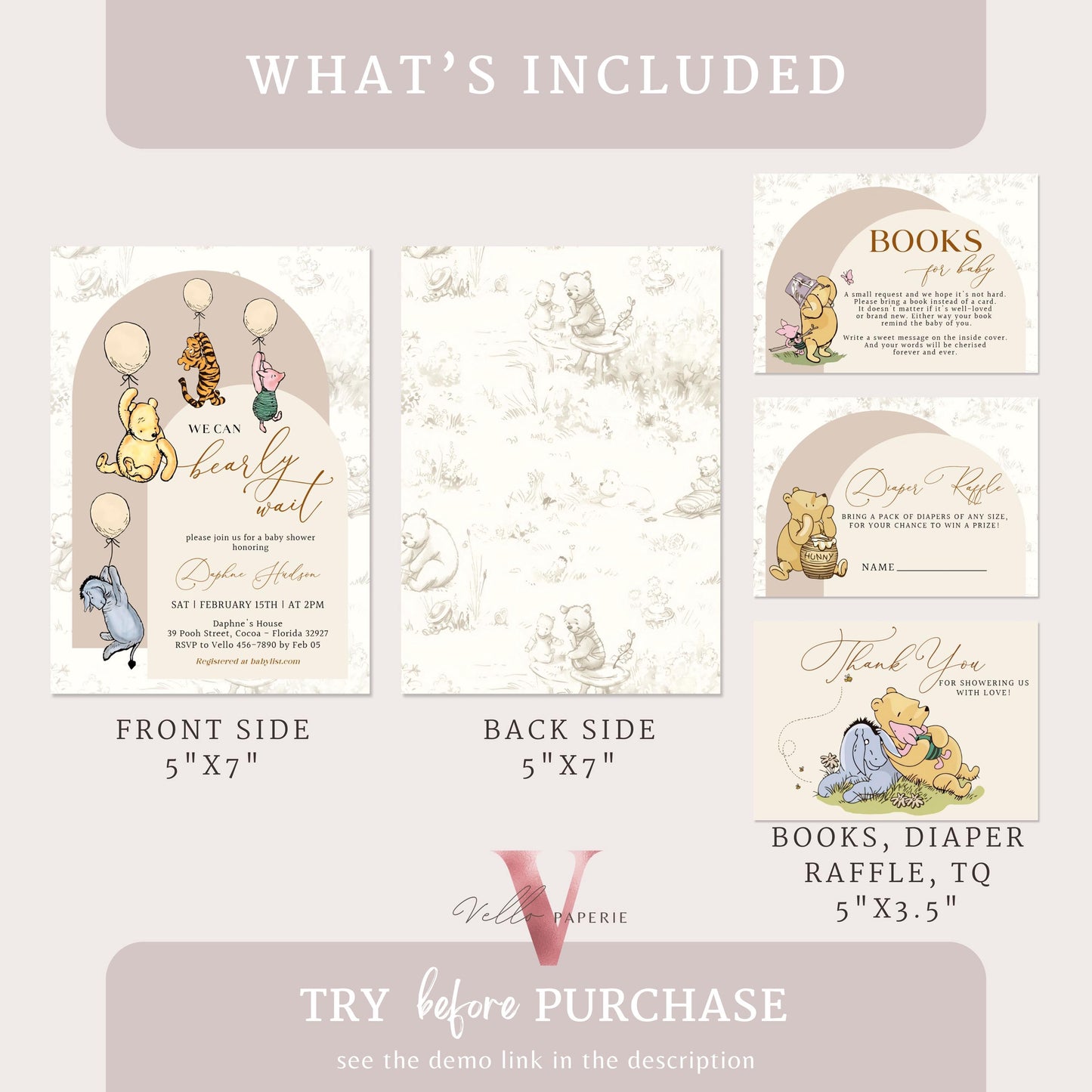 Winnie the Pooh Balloons Baby Shower Invitation Bundle | Editable Printable Beige Toile de Juoy, Bearly Wait Baby Shower Party Invite WTP03