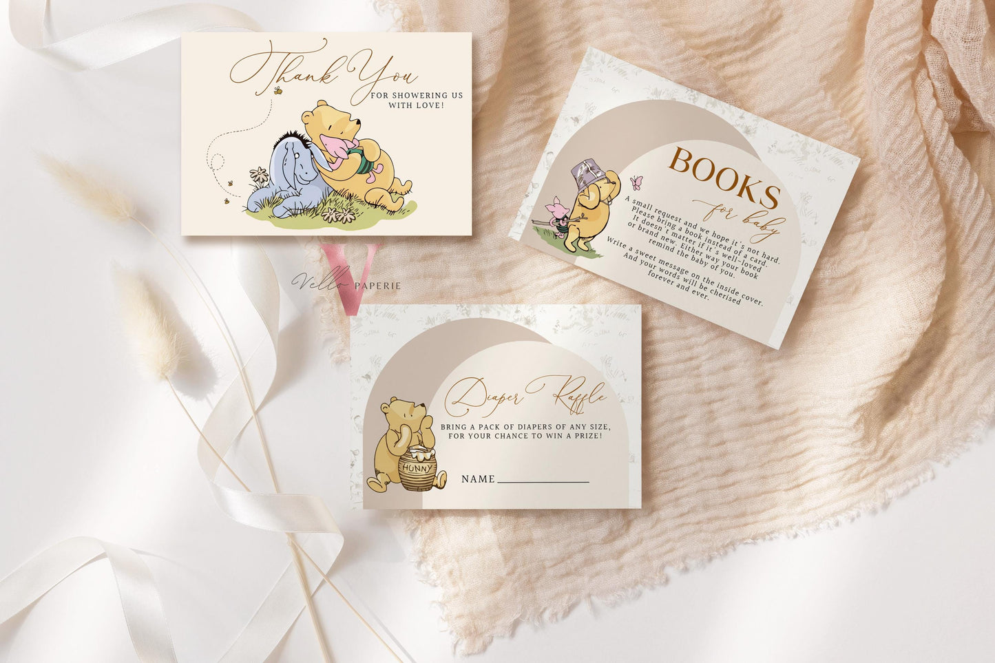 Winnie the Pooh Balloons Baby Shower Invitation Bundle | Editable Printable Beige Toile de Juoy, Bearly Wait Baby Shower Party Invite WTP03