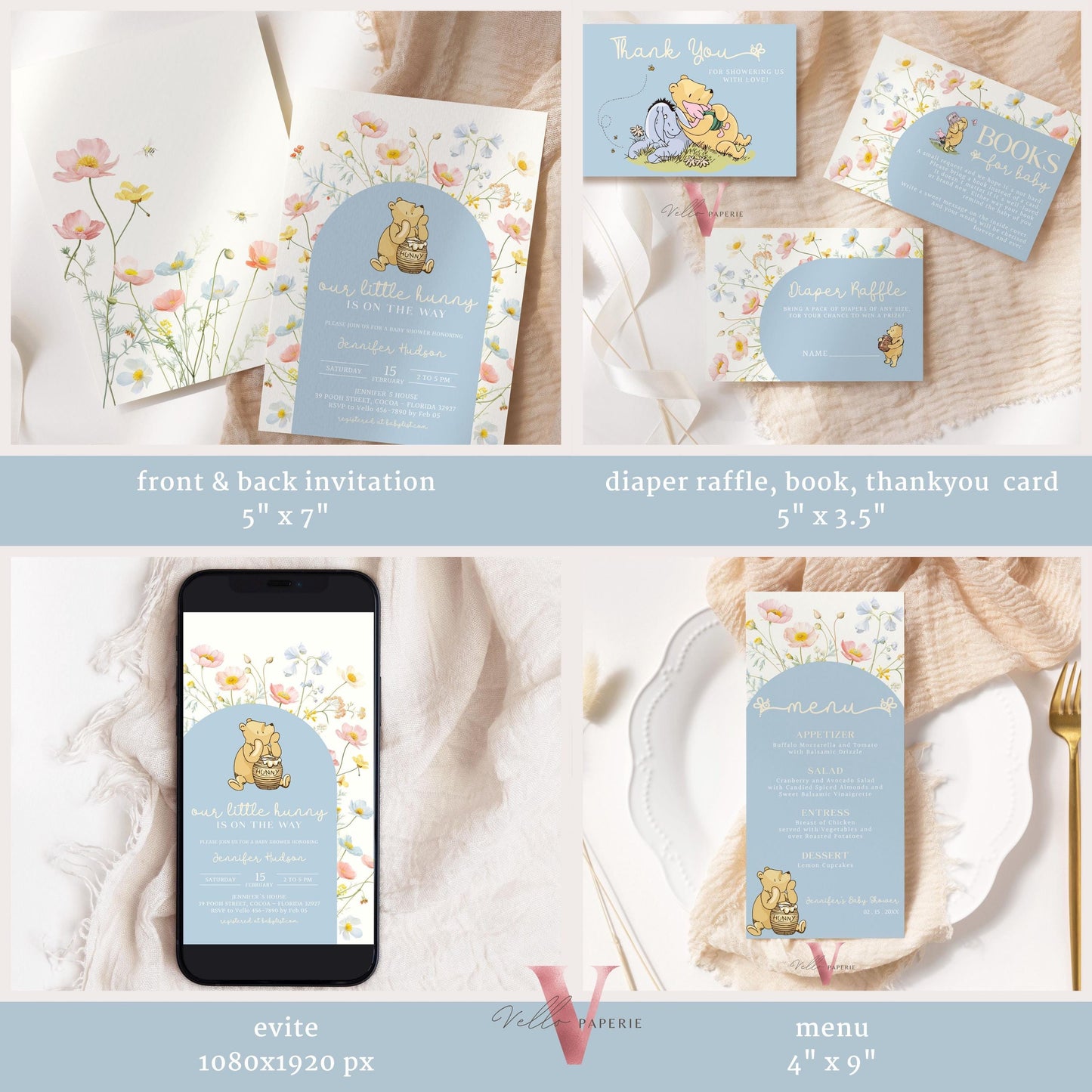 Blue Winnie the Pooh Baby Shower BUNDLE | Full Editable Beige Blue Wildflower, Little Hunny Pooh Baby Shower Party SET, Favors Decor WTP02