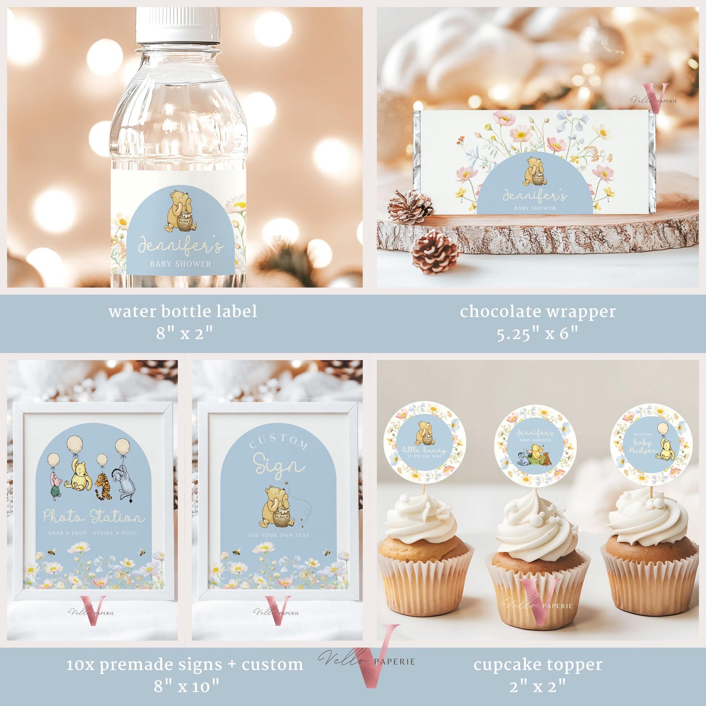 Blue Winnie the Pooh Baby Shower BUNDLE | Full Editable Beige Blue Wildflower, Little Hunny Pooh Baby Shower Party SET, Favors Decor WTP02