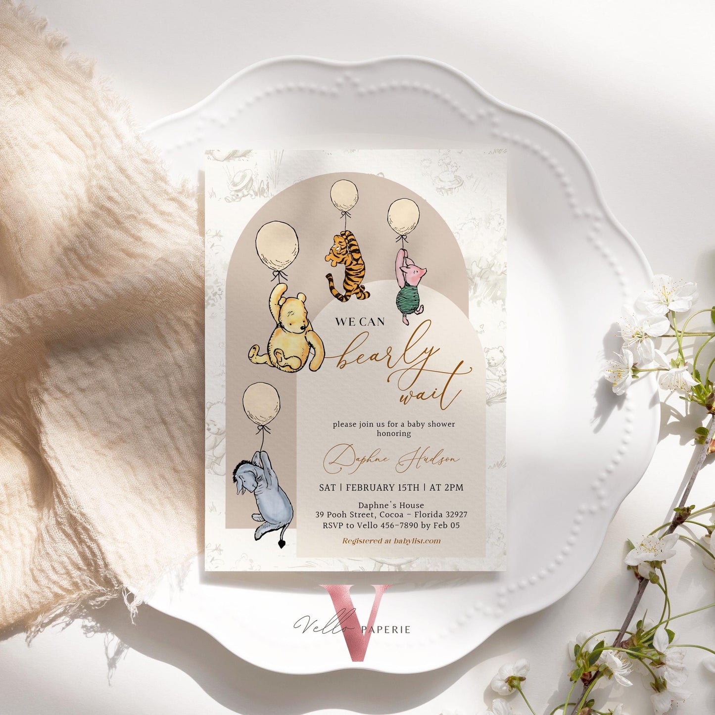 Winnie the Pooh Balloons Baby Shower Invitation Bundle | Editable Printable Beige Toile de Juoy, Bearly Wait Baby Shower Party Invite WTP03