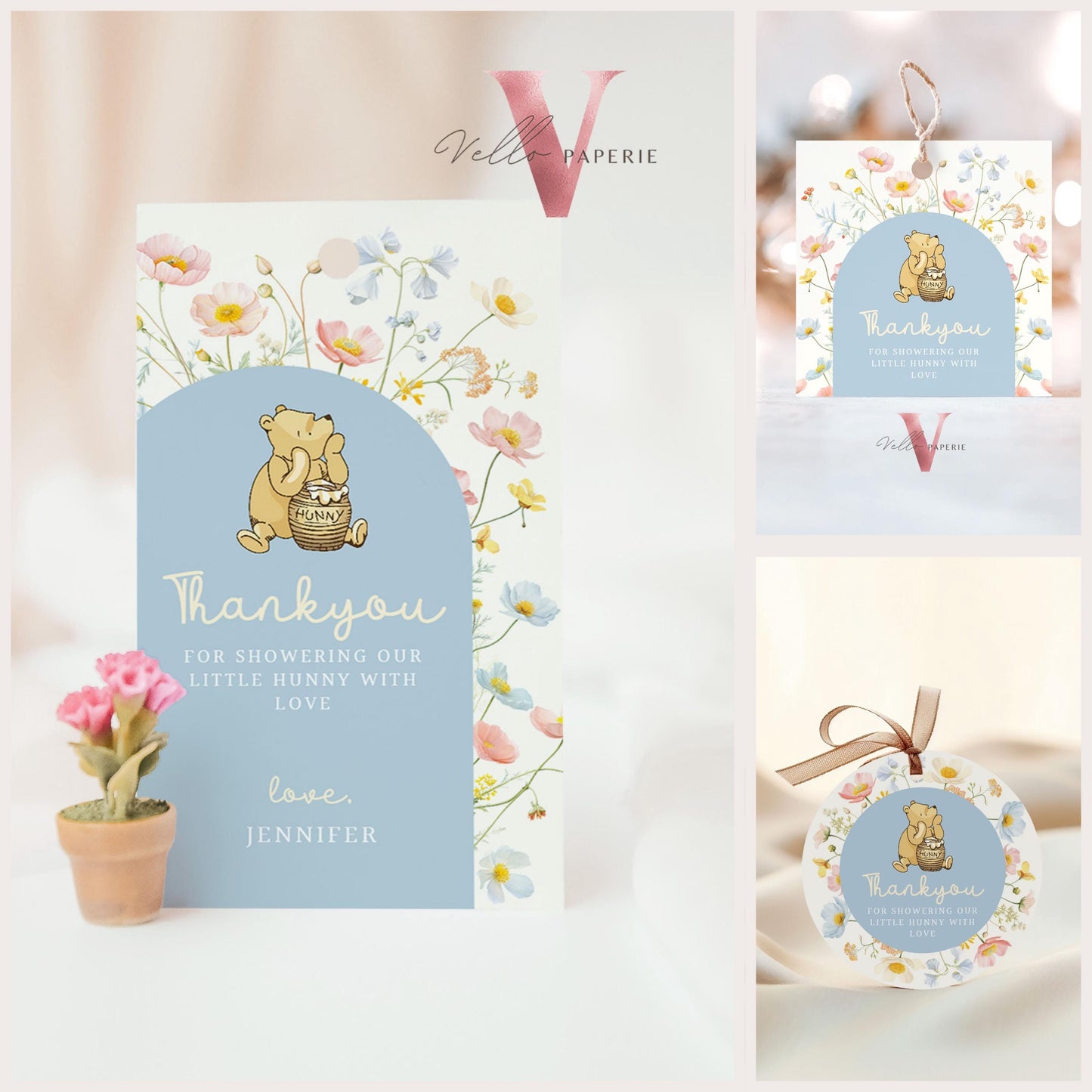 Editable 3designs Blue Winnie the Pooh Baby Shower or Birthday Favor Tag | Printable Beige Blue Wildflower,, Little Hunny Gift Tag WTP02