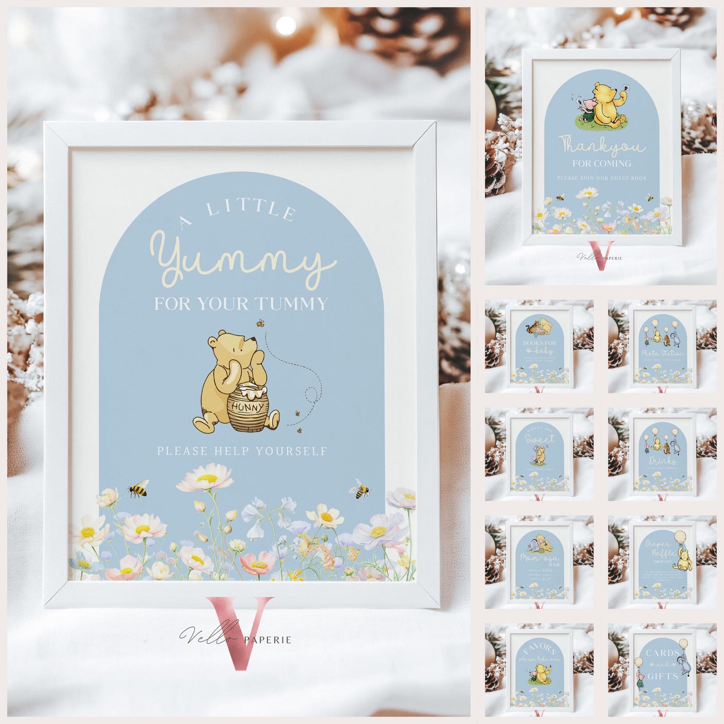 Editable Blue Winnie the Pooh Baby Shower or Birthday Premade Sign | Printable Beige Blue Wildflower, Little Hunny Decor Table Sign WTP02