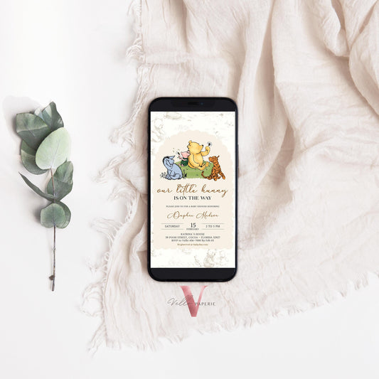 Winnie the Pooh Baby Shower Mobile Invitation | Editable Printable Beige Toile de Juoy, Little Hunny Pooh Baby Shower Party EVITE WTP01