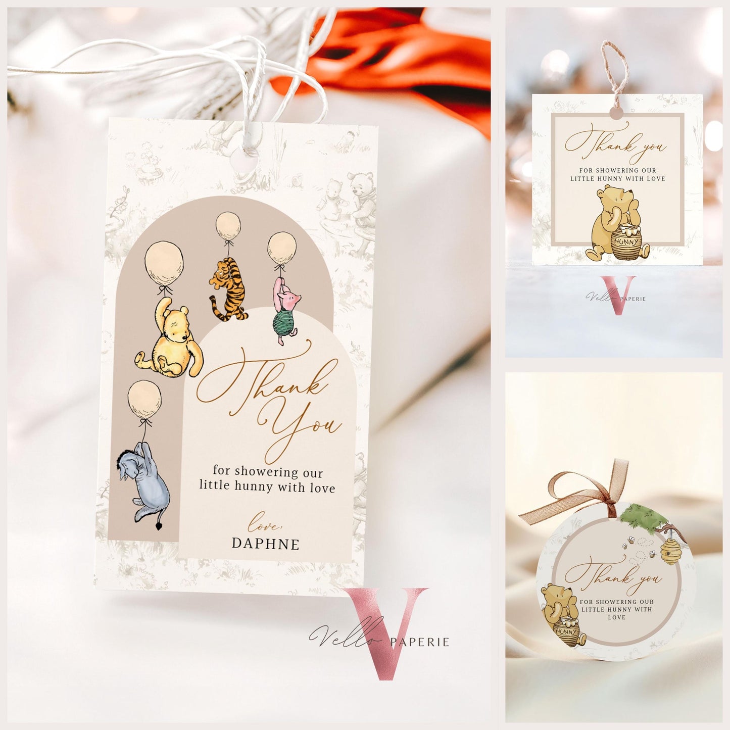 Editable 3designs Winnie the Pooh Balloons Baby Shower or Birthday Favor Tag | Printable Beige Toile de Juoy, Bearly Wait Gift Tag WTP03