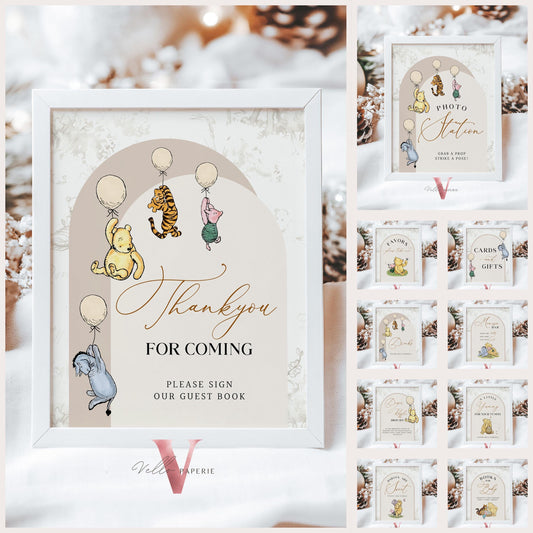 Editable Winnie the Pooh Balloons Baby Shower or Birthday Premade Sign | Printable Beige Toile de Juoy, Bearly Wait Decor Table Sign WTP03