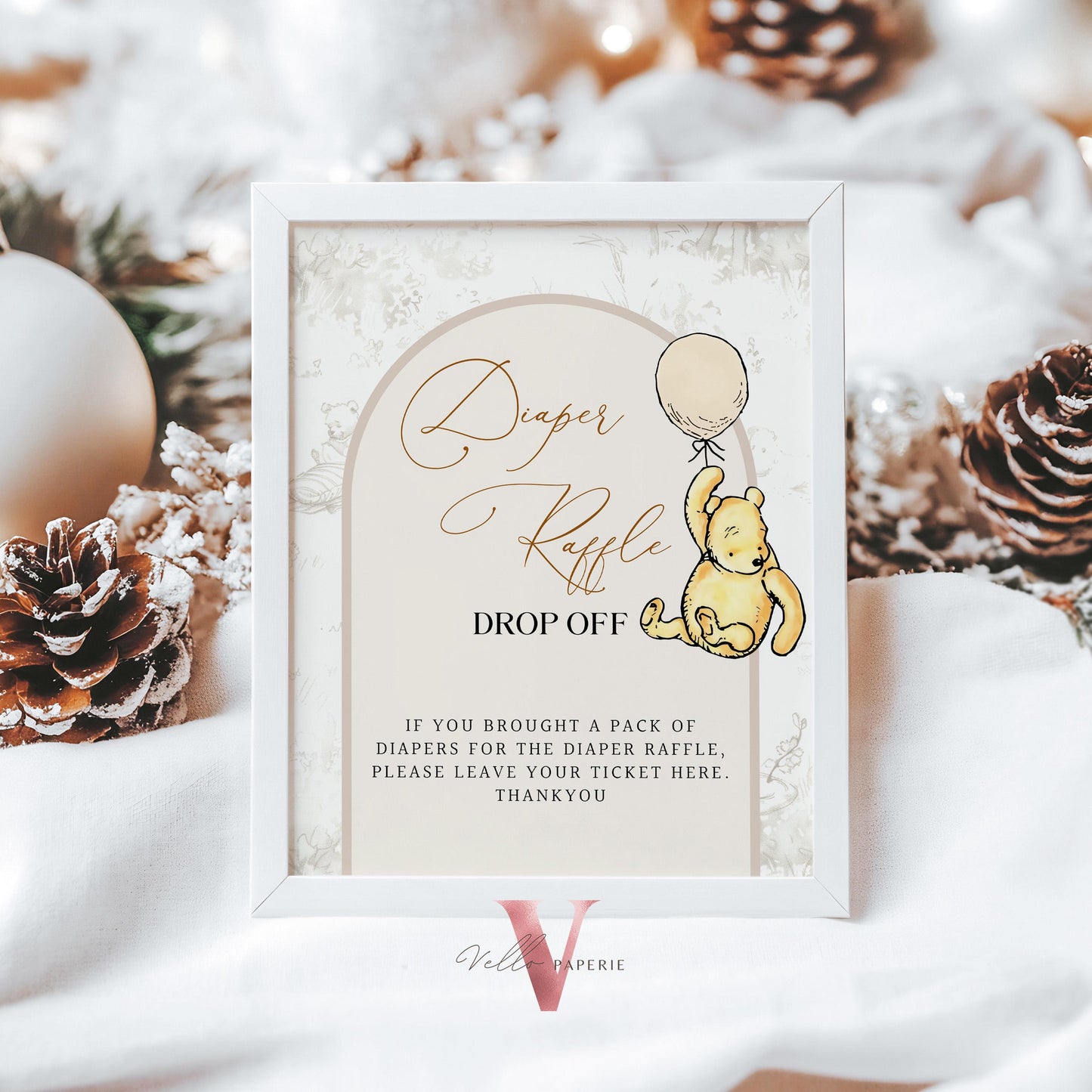 Editable Winnie the Pooh Balloons Baby Shower or Birthday Premade Sign | Printable Beige Toile de Juoy, Bearly Wait Decor Table Sign WTP03