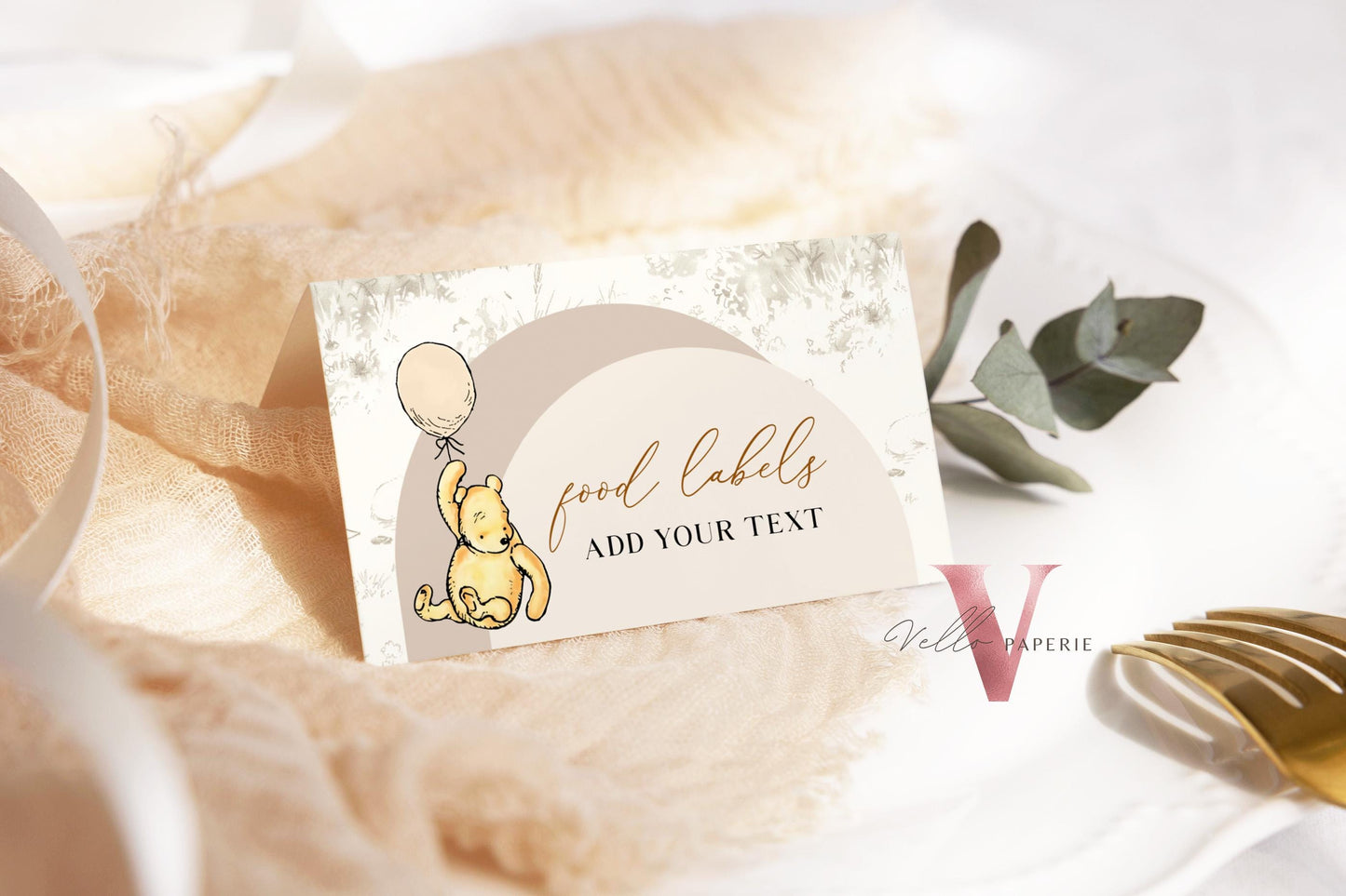 Winnie the Pooh Balloon Baby Shower or Birthday Food Label | Editable Printable Beige Toile de Juoy, Bearly Wait Party Favors, Decor WTP03