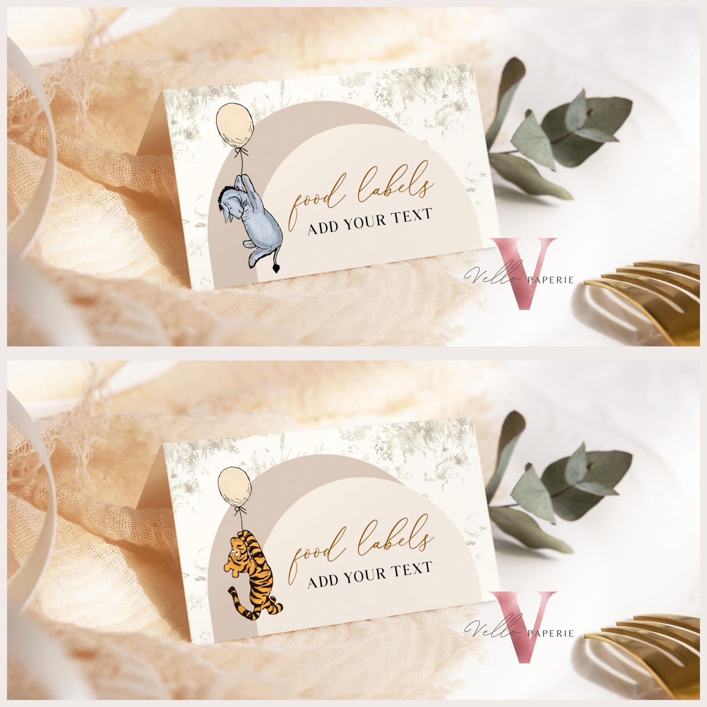 Winnie the Pooh Balloon Baby Shower or Birthday Food Label | Editable Printable Beige Toile de Juoy, Bearly Wait Party Favors, Decor WTP03