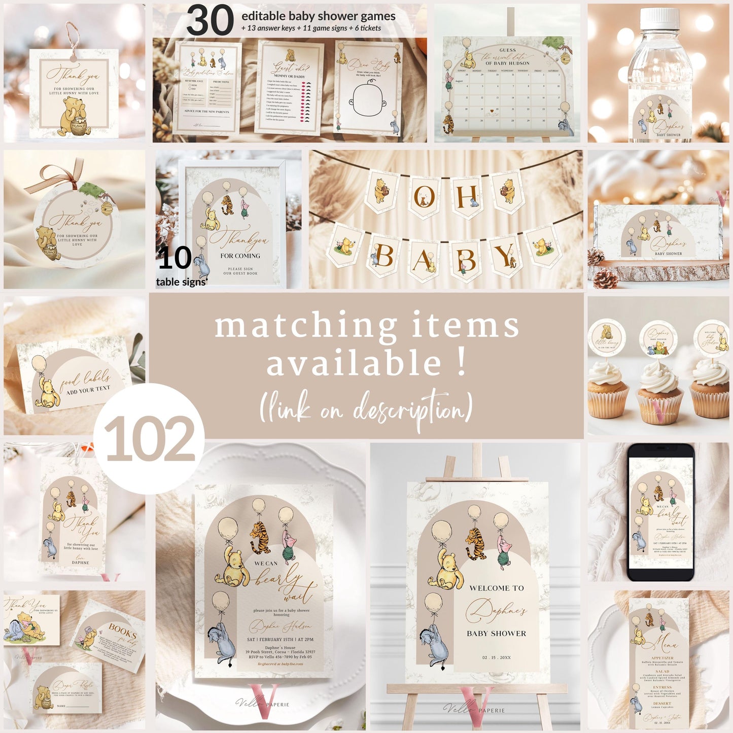 Winnie the Pooh Balloon Baby Shower or Birthday Food Label | Editable Printable Beige Toile de Juoy, Bearly Wait Party Favors, Decor WTP03