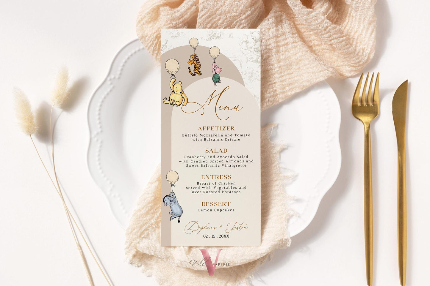 Winnie the Pooh Balloons Baby Shower or Birthday Menu Design | Editable Printable Beige Toile de Juoy, Bearly Wait Party Favors, Decor WTP03