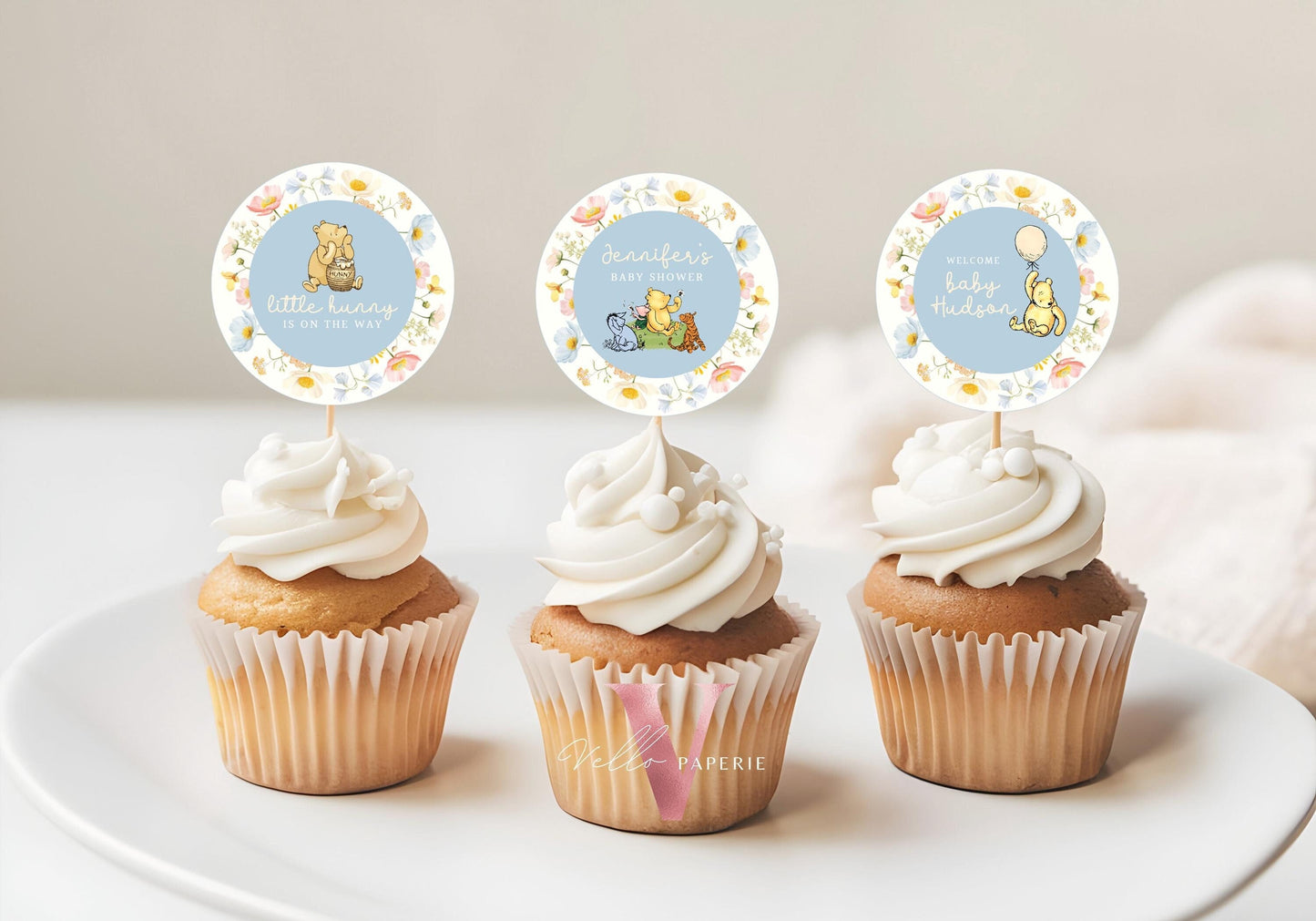 Editable Blue Winnie the Pooh Baby Shower or Birthday Cupcake Toppers | Printable Beige Beige Blue Wildflower, Little Hunny Cake Decor WTP02