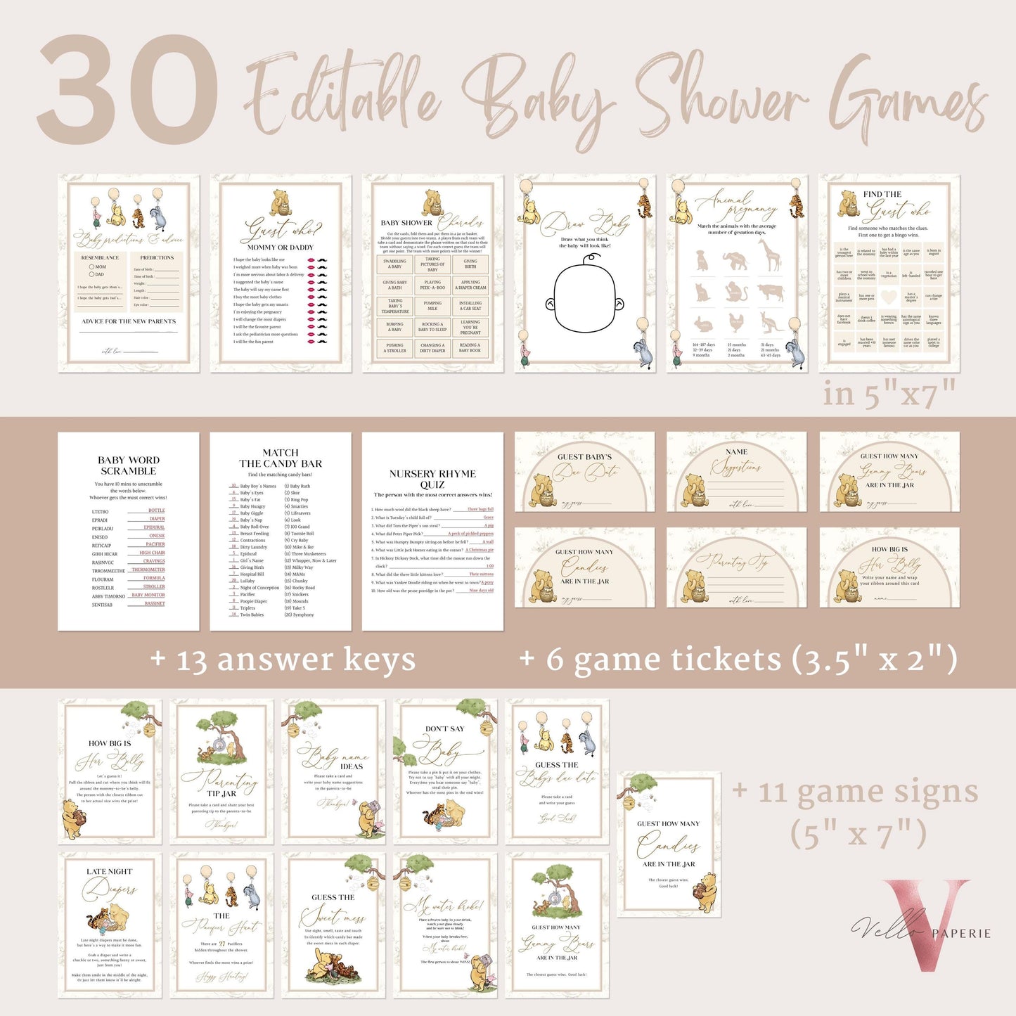 Editable 60P Winnie the Pooh Balloon Baby Shower Games & Activities Bundle Ticket Sign | Printable Bearly Wait Pooh Baby Shower Set WTP03