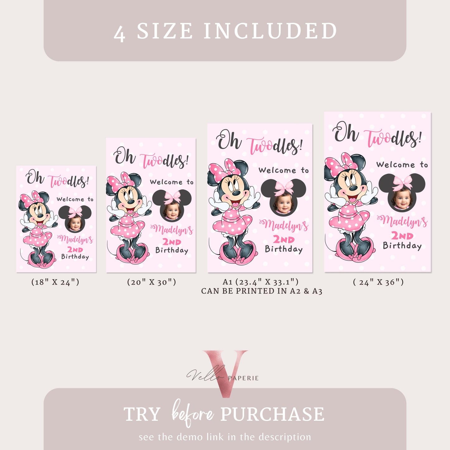 Editable Photo Minnie Mouse Oh TWOdles Welcome Sign | Light Pink Polkadot Minnie Party Decor Sign | 2nd Minnie Pink Birthday Sign  MMB01